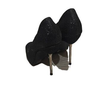 Qupid Black Glitter Peep Toe Stiletto Heels | Size 5.5